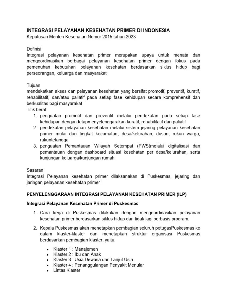 Integrasi Pelayanan Kesehatan Primer Di Indonesia 2024 | PDF
