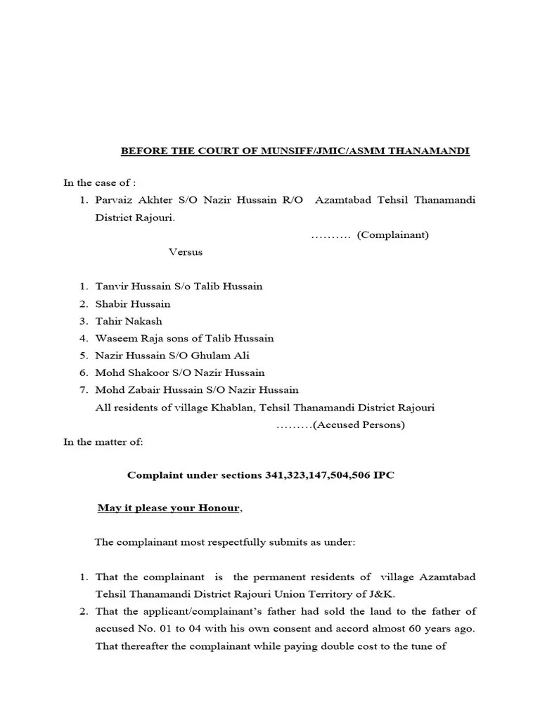 Complaint Under Section 341, 323 504, 506 IPC | PDF | Affidavit | Separation Of Powers