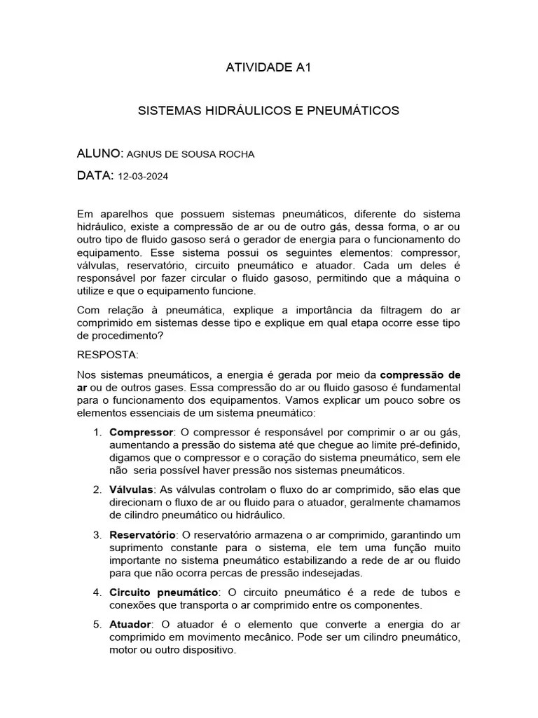 ATIVIDADE A1 SISTEMAS HIDRAULICOS E PNEUMATICOS | PDF | Válvula | Gases