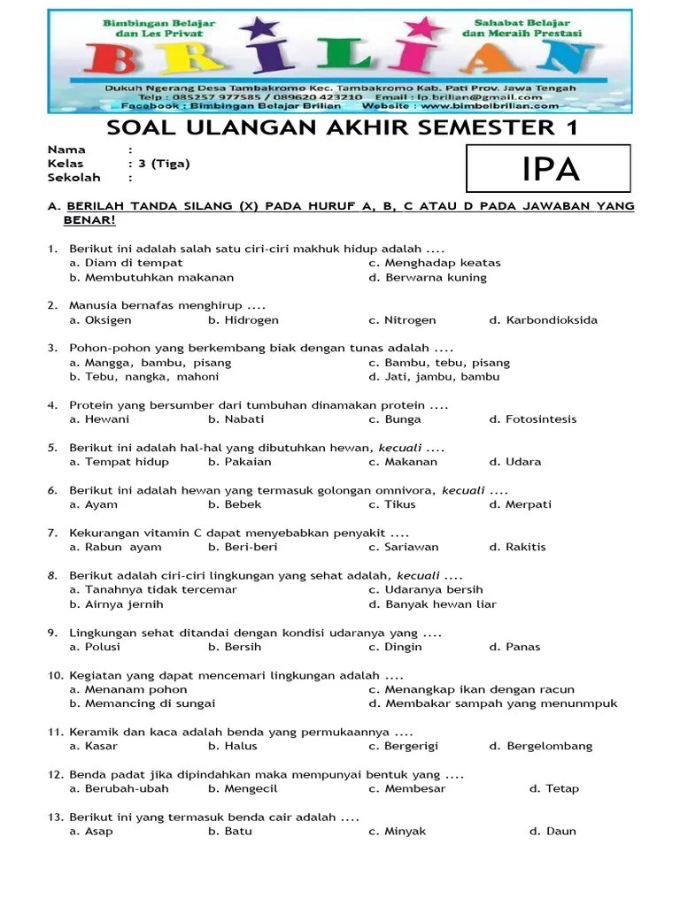 Soal UAS IPA Kelas 3 SD Semester 1 (Ganjil) Dan Kunci Jawaban | PDF