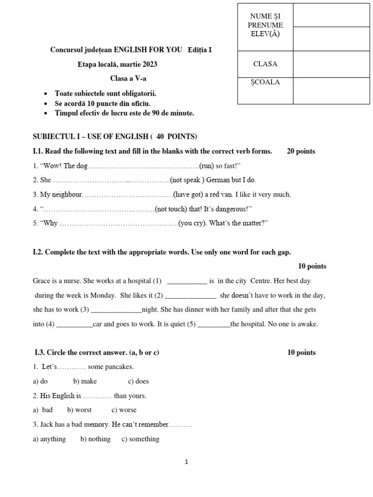 English-for-You-Subiect Clasa A V-A | PDF | Learning