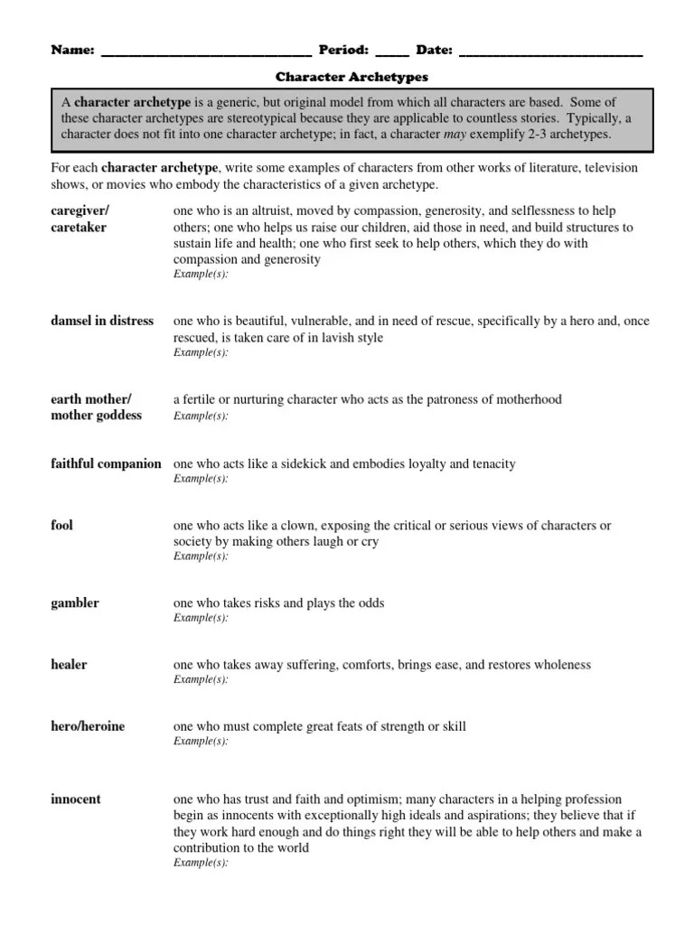 Character Archetypes Worksheet | PDF | Hero | Behavioural Sciences