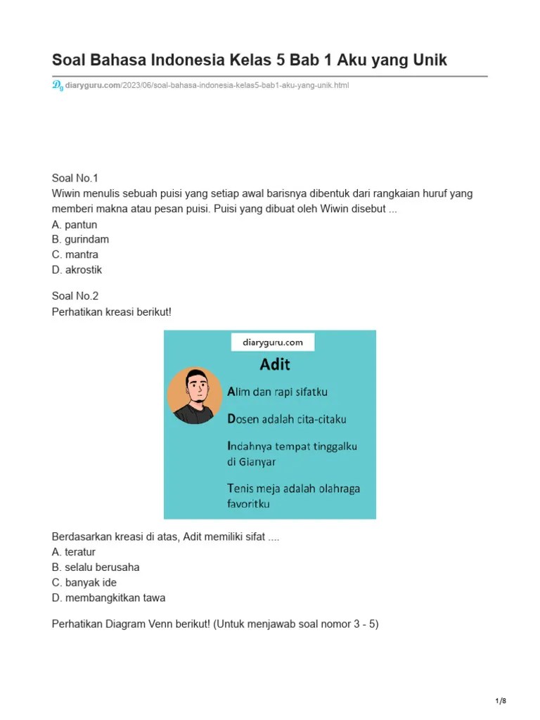 Soal Bahasa Indonesia Kelas 5 Bab 1 Aku Yang Unik | PDF
