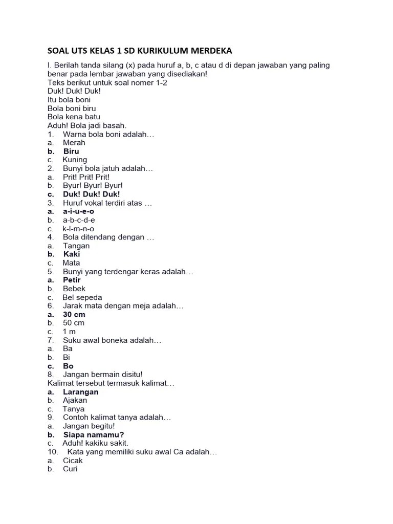 Soal Uts Kelas 1 SD Kurikulum Merdeka | PDF