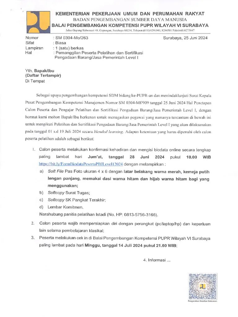 Surat Pemanggilan Pelatihan PBJ 2024 | PDF