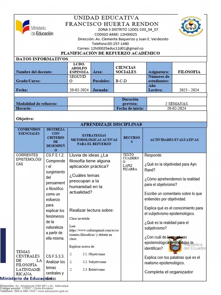 Planificación De Refuerzo Supletorio 2023-2024 - Segundo | PDF | Epistemología | Educación En ...