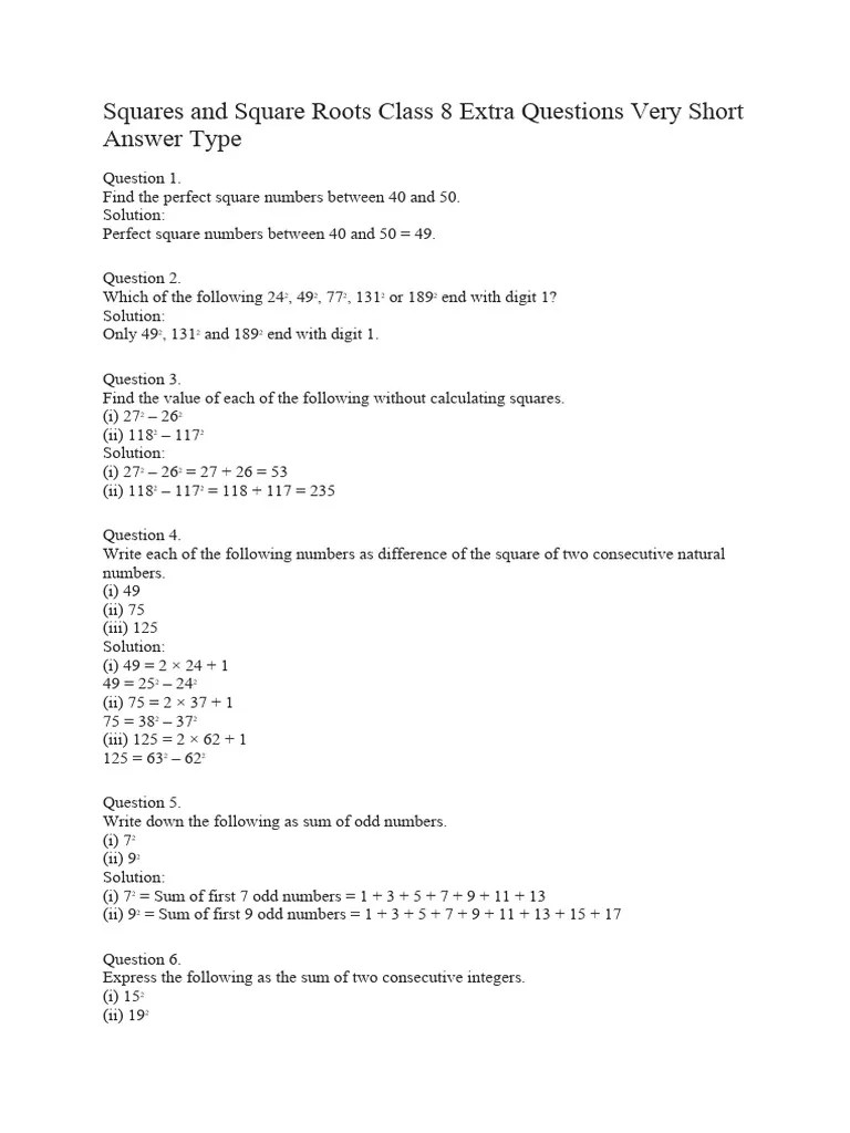 Squares And Square Roots Class 8 Extra Questions Very Short Answer Type | Download Free PDF ...