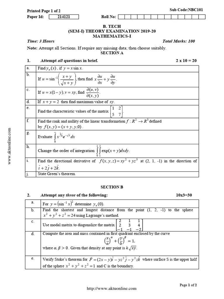 Btech 1 Sem Mathematics 1 Nbc101 2020 | PDF | Mathematical Analysis | Mathematics
