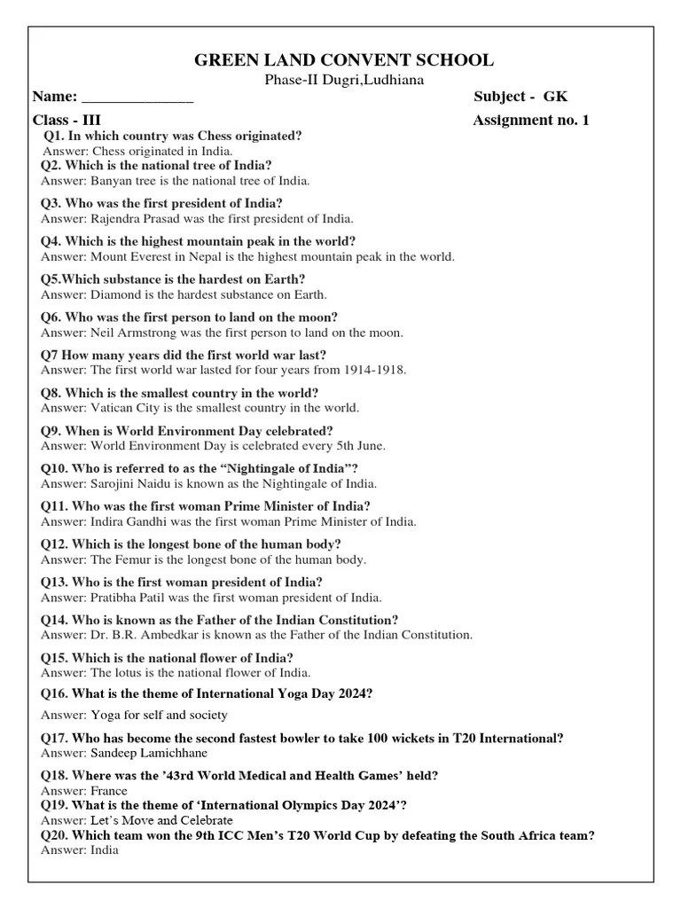 GK Questions Class 3 | PDF | Travel