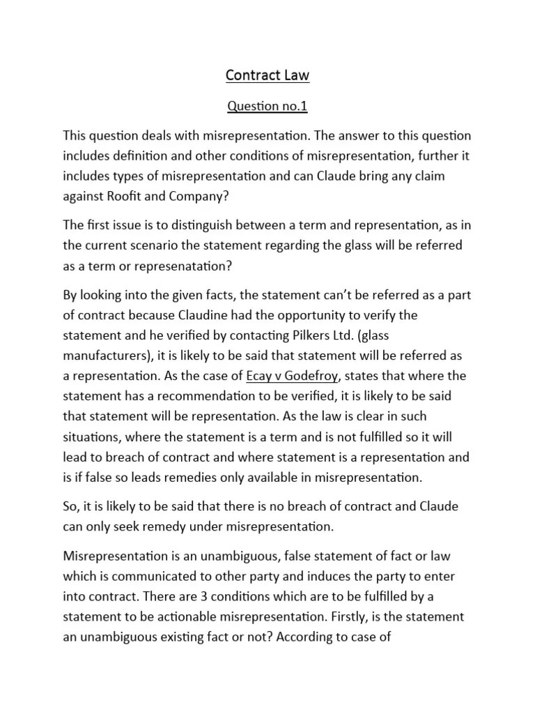 Contract Law (Misrepresentation) | PDF | Misrepresentation | Consent