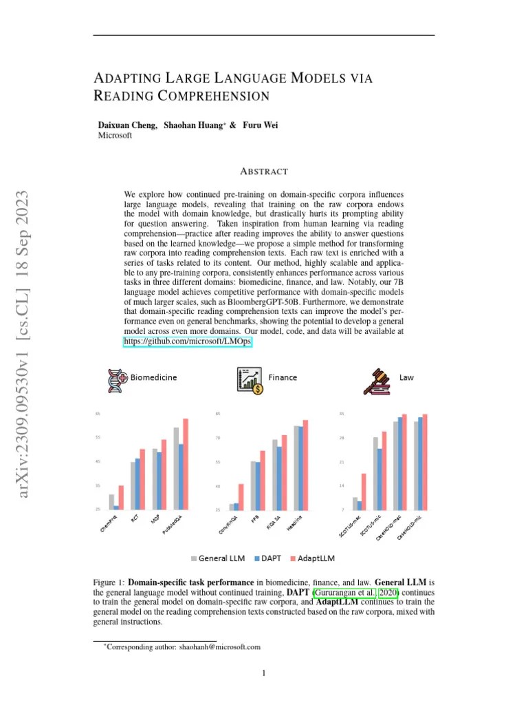 Adapting Large Language Models Via | PDF | Reading Comprehension | Learning