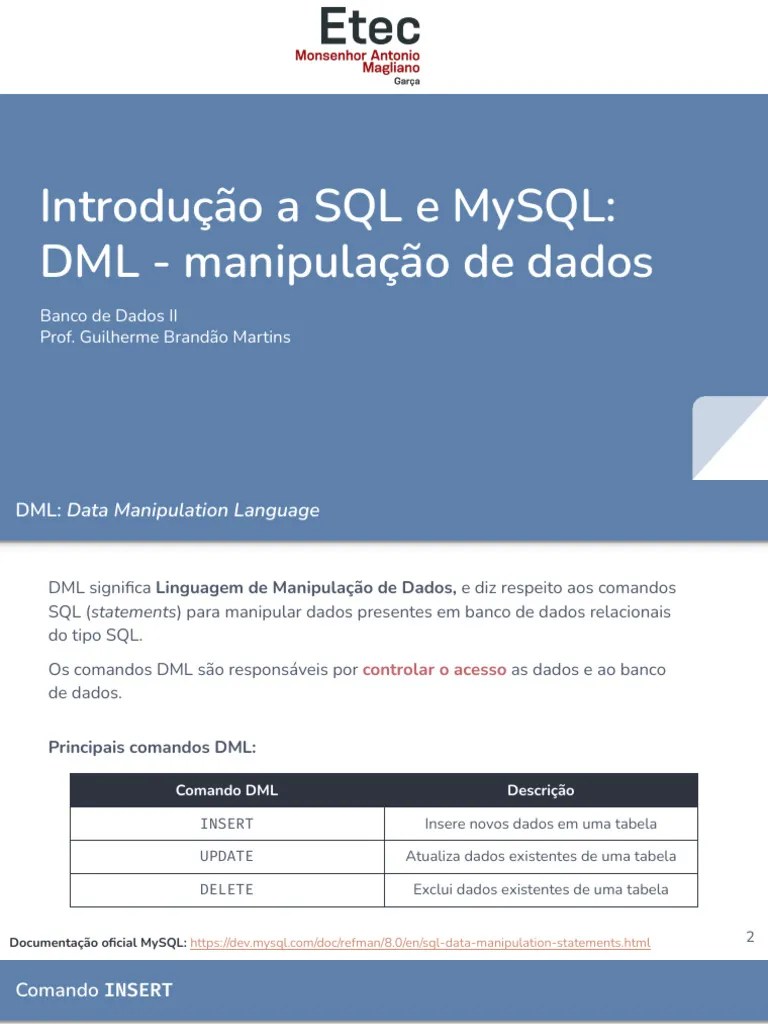 Aula 06 - Introdução SQL E MySQL DML - Manipulação De Dados | PDF | SQL ...