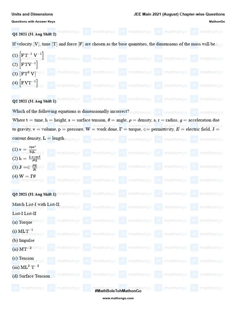 Units And Dimensions - JEE Main 2021 August Chapter-Wise - MathonGo | PDF | Classical Mechanics ...