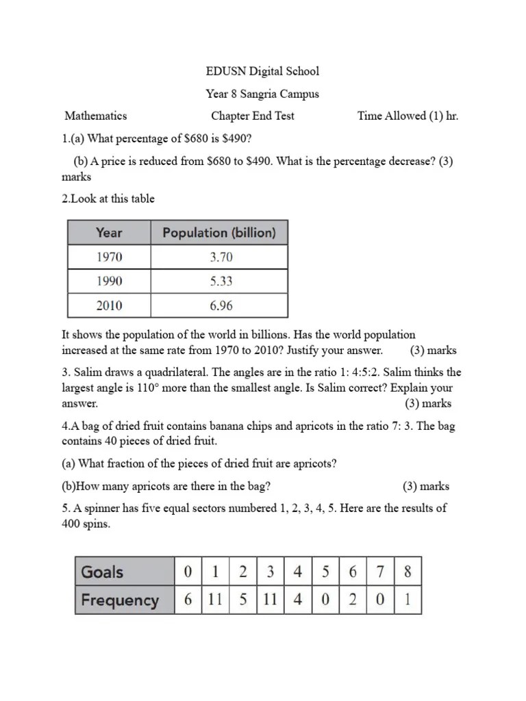 Year 8 Mathematics Test Paper | PDF | Ratio | Percentage