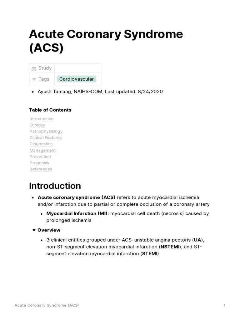 Acute Coronary Syndrome (ACS) - At | PDF | Myocardial Infarction | Coronary Artery Disease