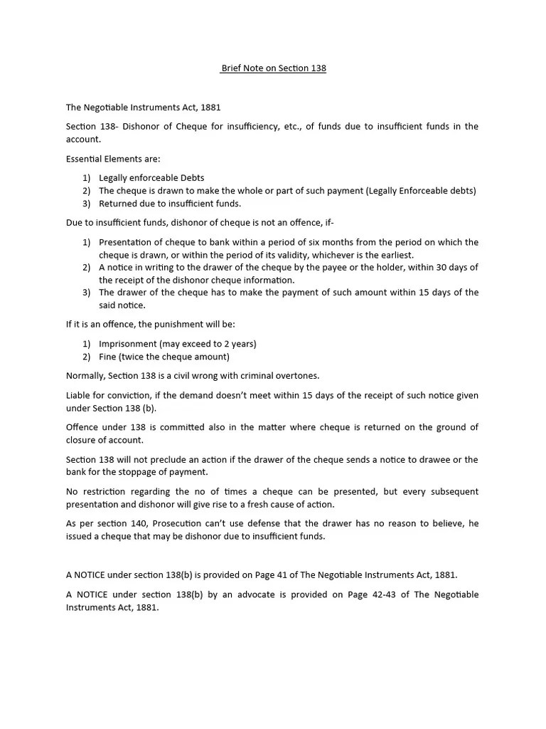 Brief Note On Section 138 Of The Negotiable Instruments Act, 1881. | PDF | Finance & Money ...