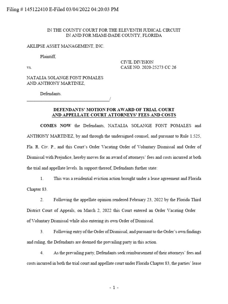 Sample Motion For Appellate Attorney's Fees Florida State Court | PDF | Attorney's Fee | Lawsuit