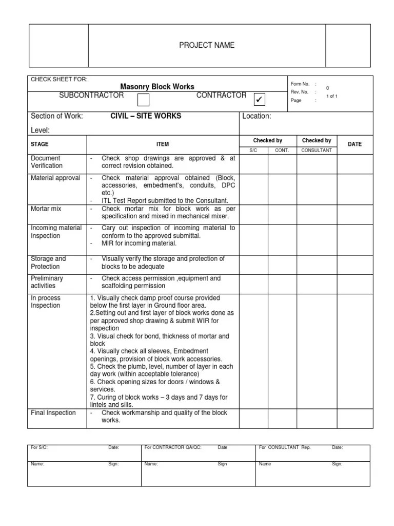 Check Sheet For Masonry Block Works | Download Free PDF | Civil ...