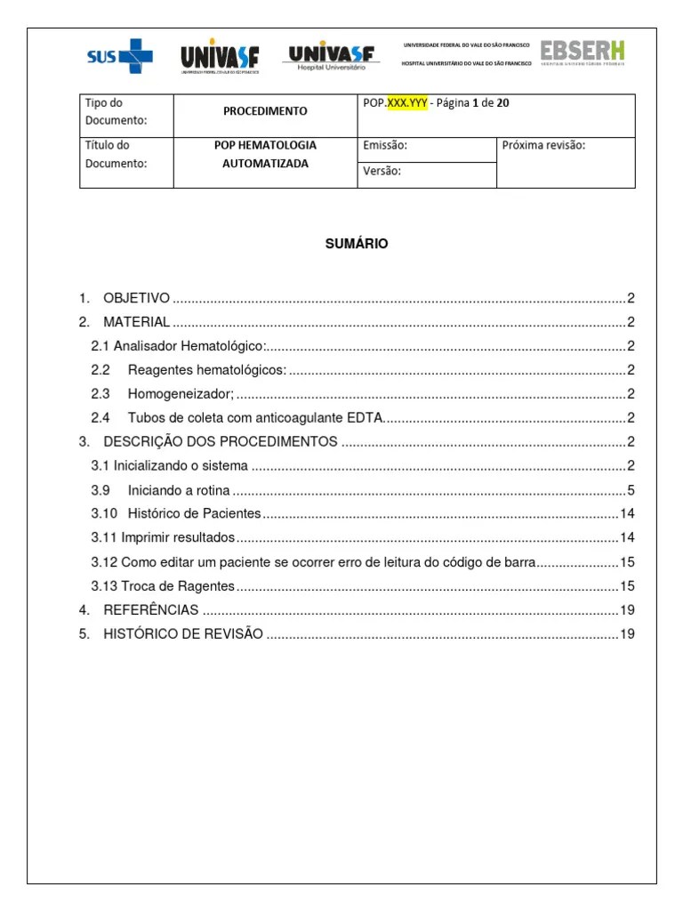 Modelo Pop Hematologia Automatizao | PDF | Especialidades Médicas