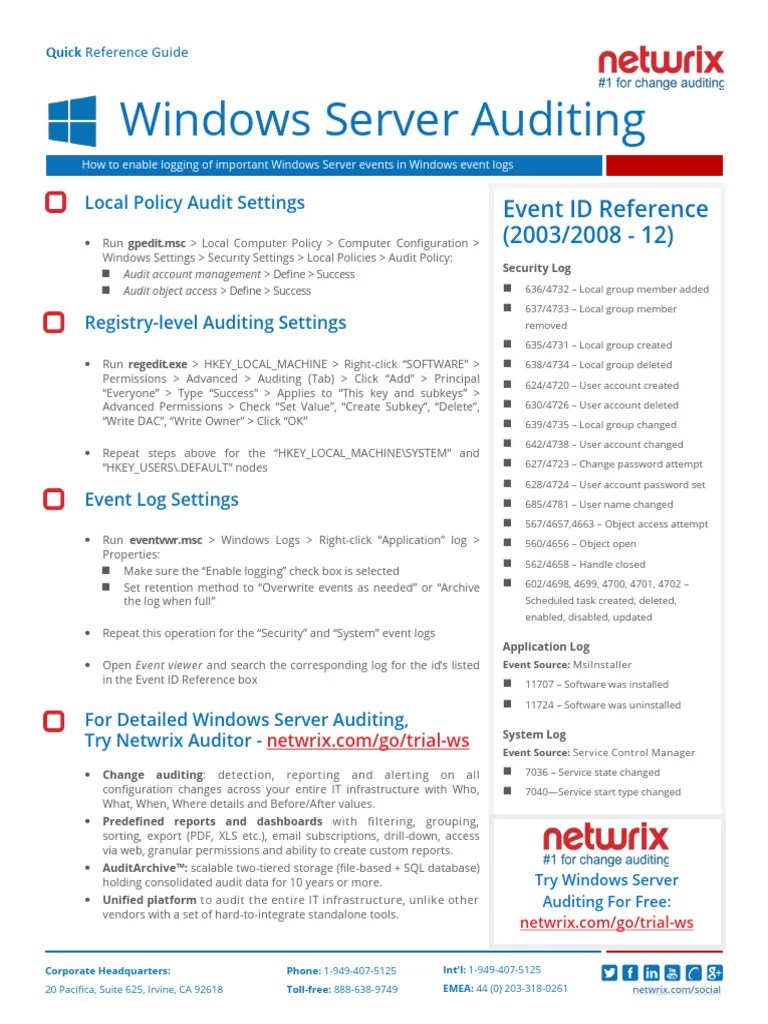 Windows Server Auditing Quick Reference Guide | PDF | Windows Registry | Microsoft Windows