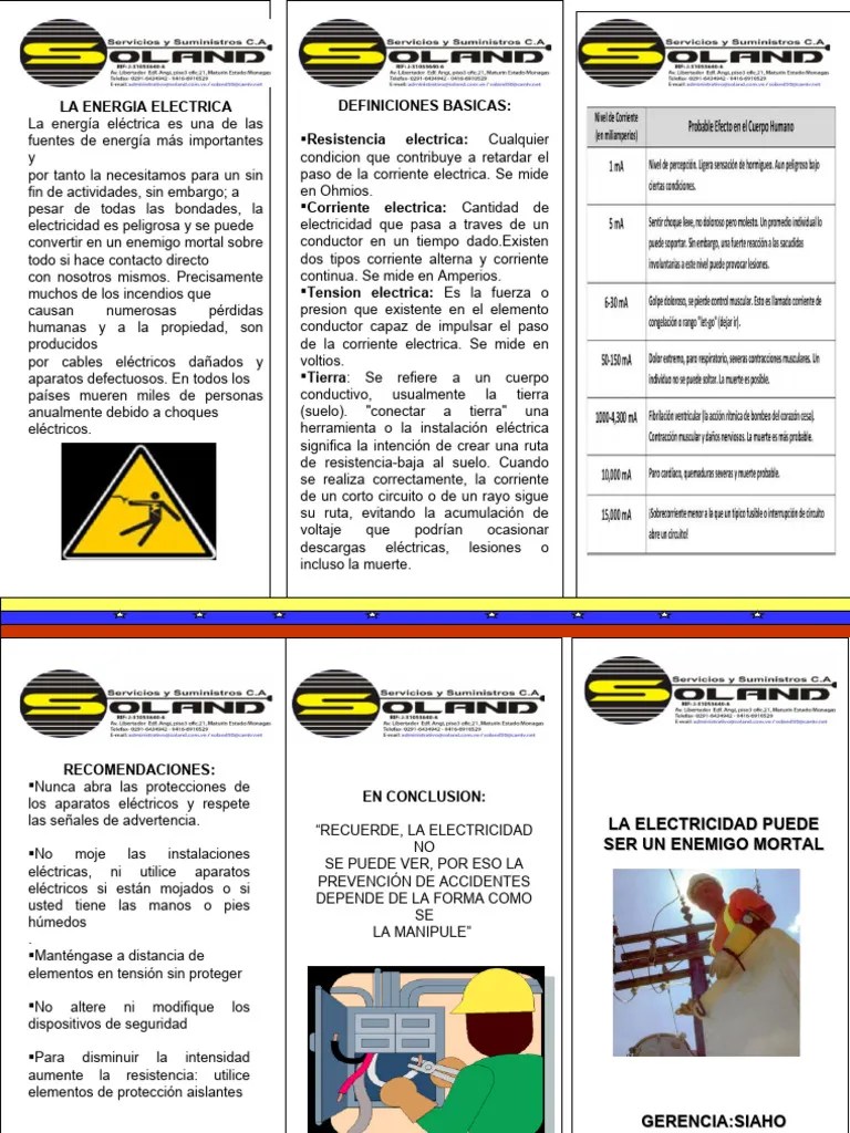 Triptico La Electricidad Enemigo Mortal | PDF | Ingenieria Eléctrica | Corriente Eléctrica