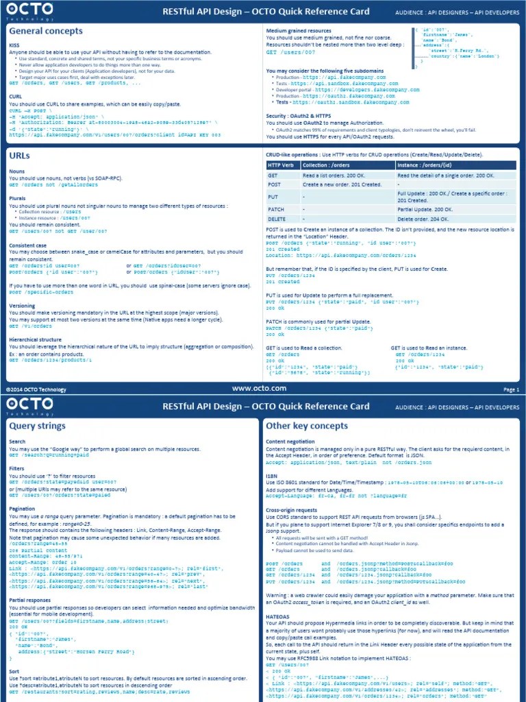 RESTful API Design OCTO Quick Reference Card 2.2 | PDF | Computing ...
