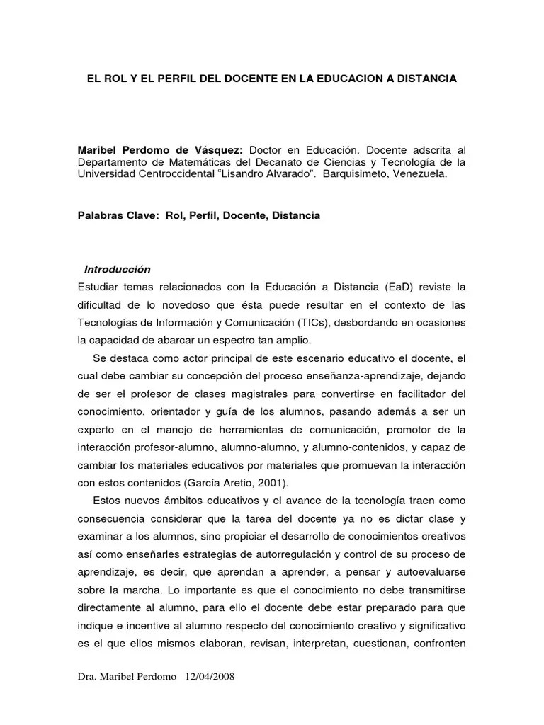 Perdomo EL ROL Y EL PERFIL DEL DOCENTE EN LA EDUCACION A DISTANCIA | PDF | Maestros | Enseñando