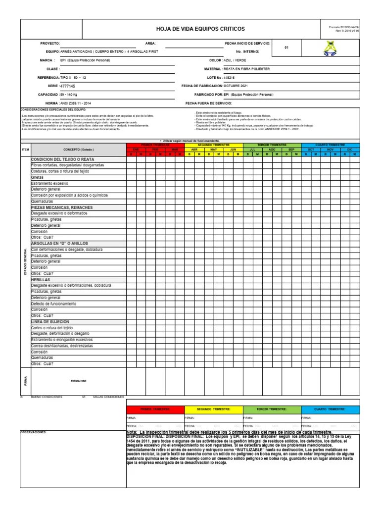 Hojas De Vida De Arnes Y Eslinga | Descargar Gratis PDF | Textiles ...