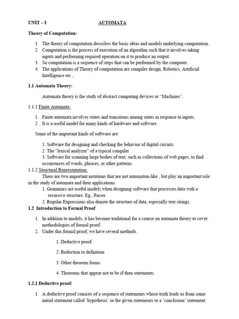 Unit 1 Toc | PDF | Theory Of Computation | Automata Theory