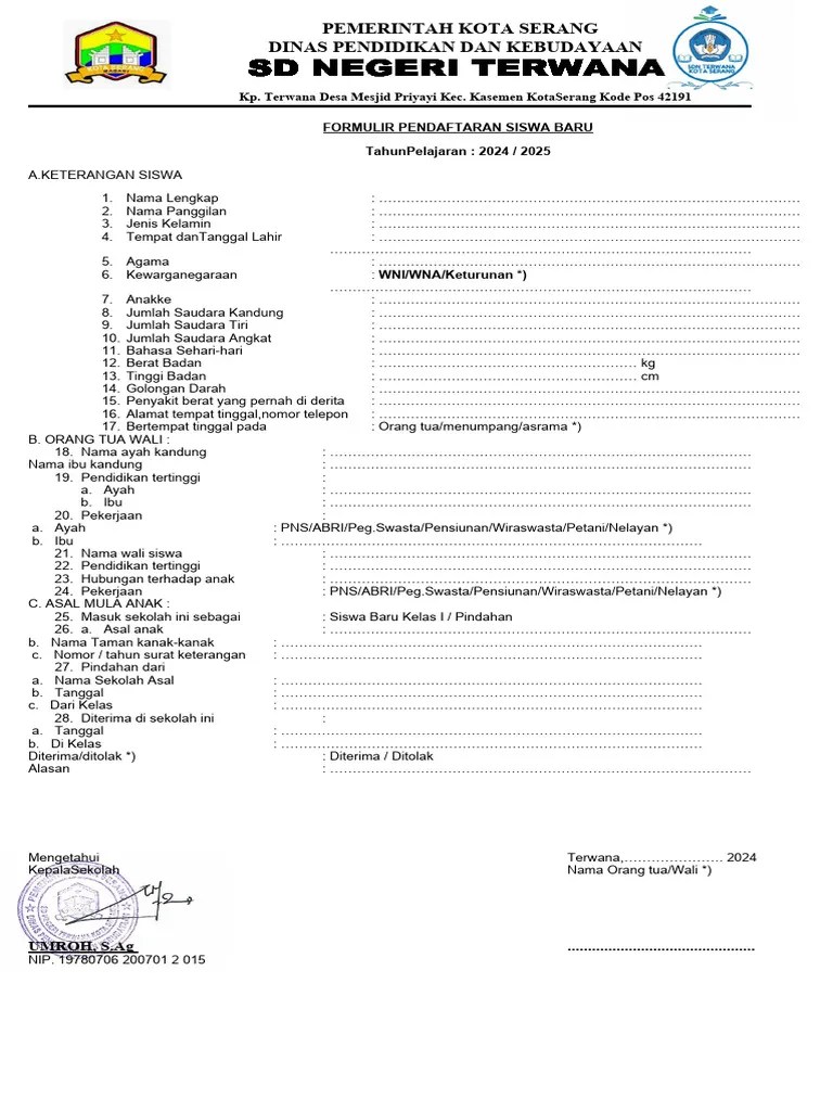 (S1) Formulir Pendaftaran Siswa Baru | PDF