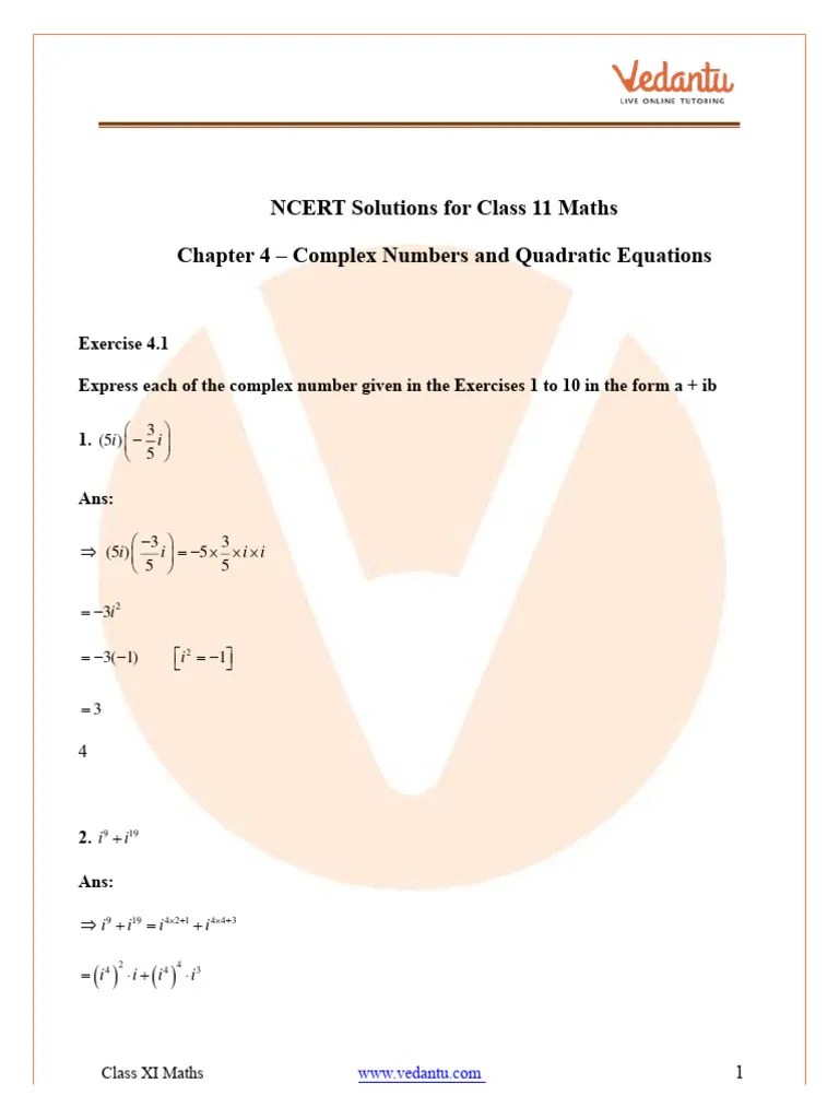 NCERT Class 11 Maths Chapter 4 Exercise 4.1 Solutions - FREE PDF | PDF | Abstract Algebra ...