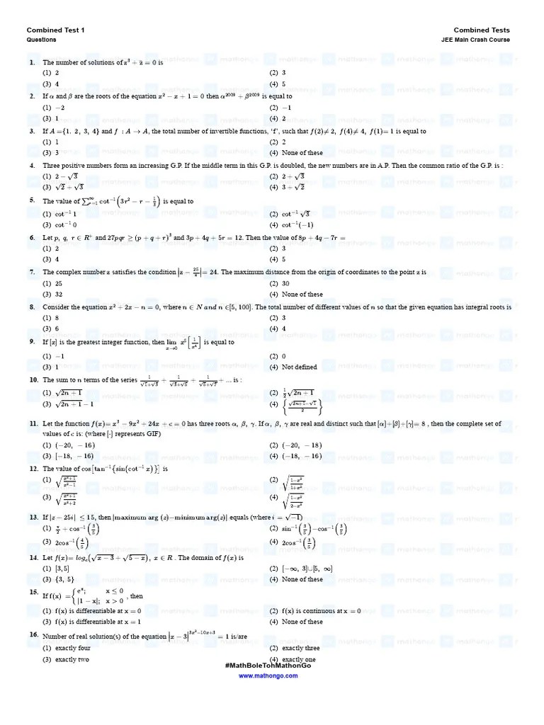 Question Combined Test 1 Combined Tests JEE Main Crash Course MathonGo ...