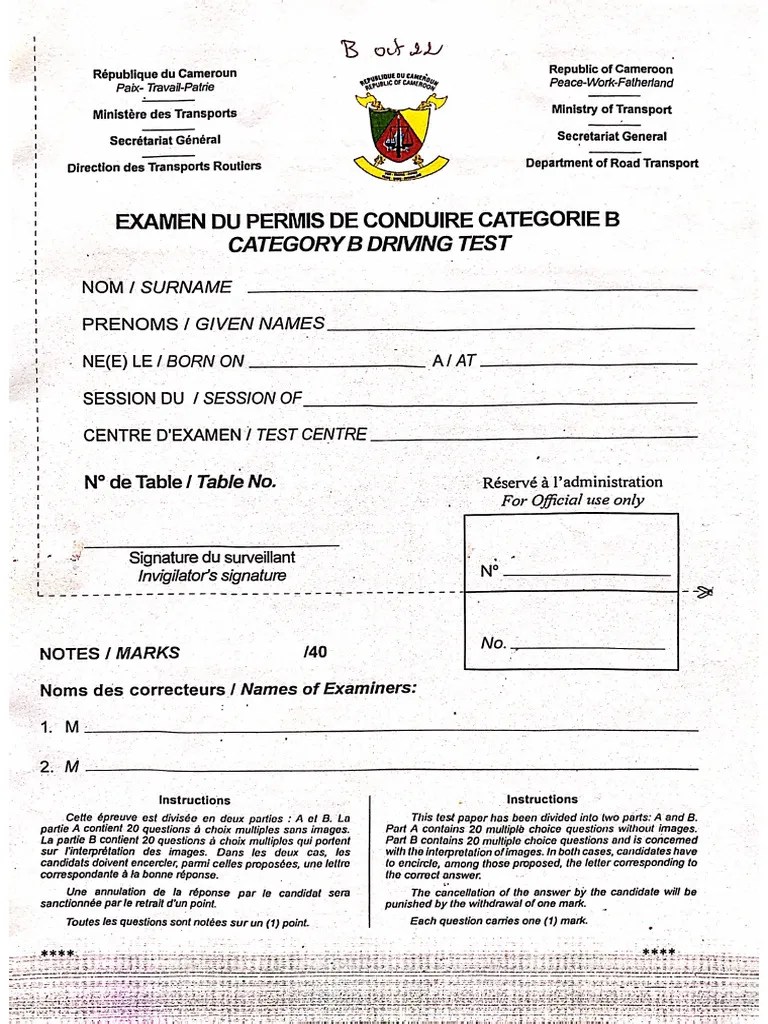 EXAMEN DU PERMIS DE CONDUIRE CATEGORY B CAMEROUN - OCTOBRE 2022 | PDF