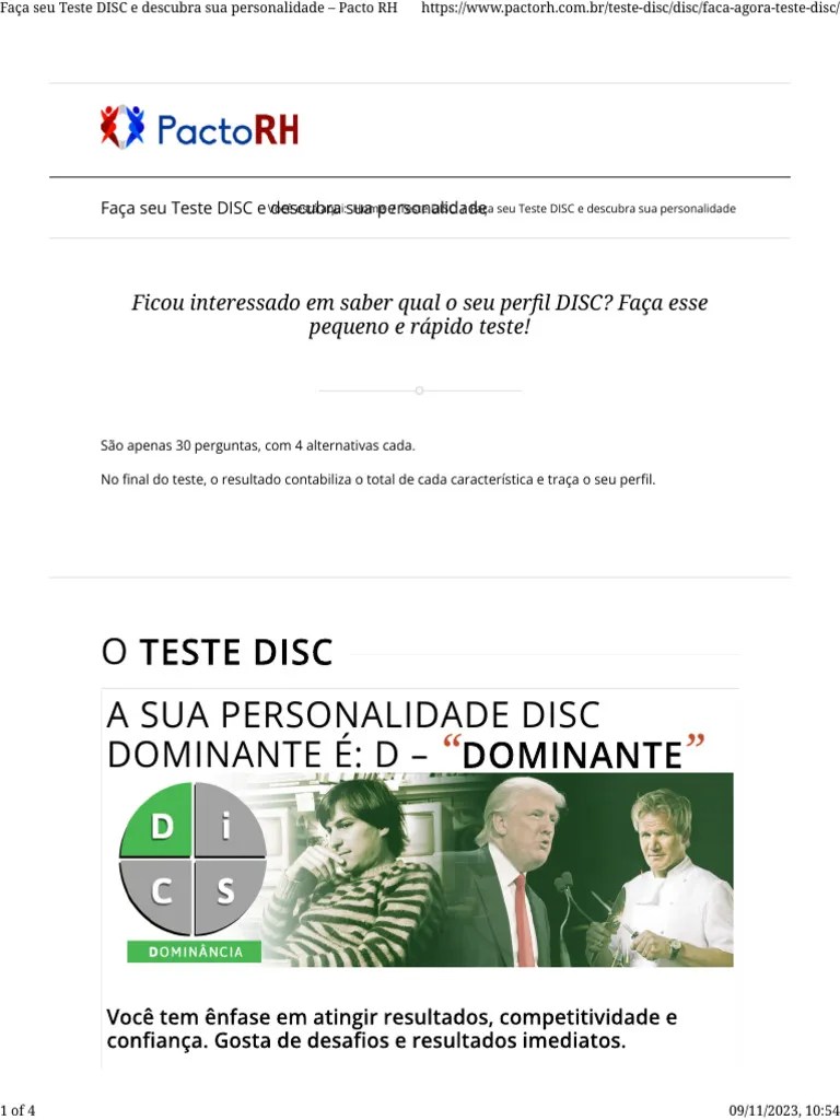 Faça Seu Teste Disc E Descubra Sua Personalidade Pacto Rh Pdf