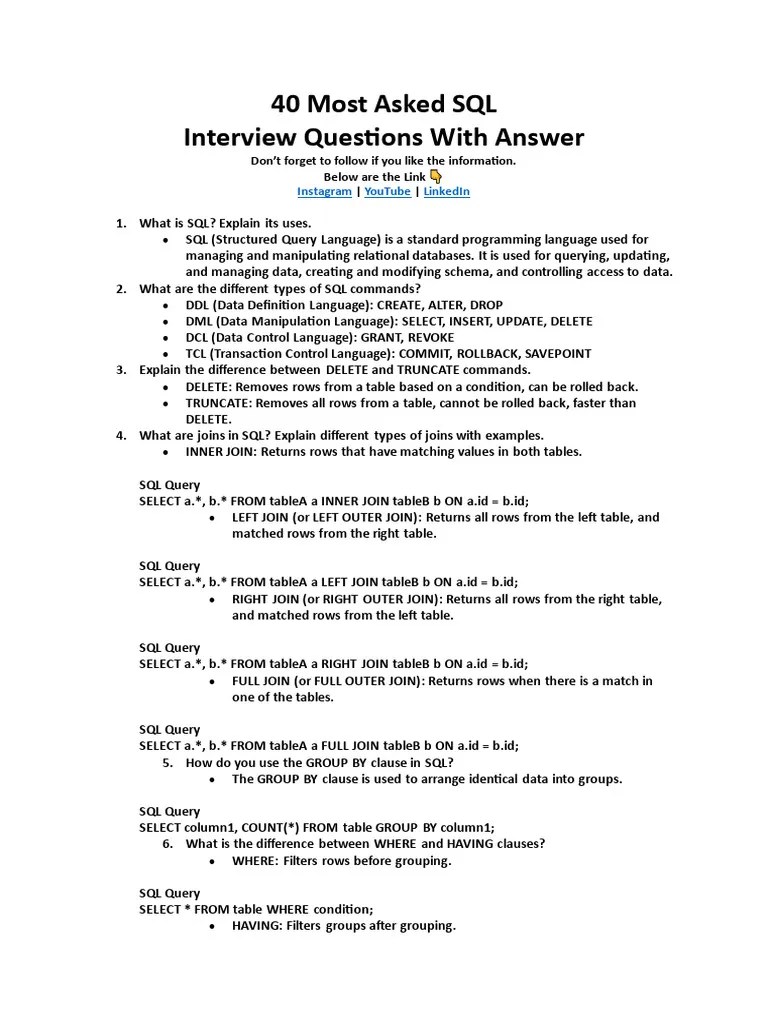 40 Most Asked SQL | PDF | Database Index | Sql