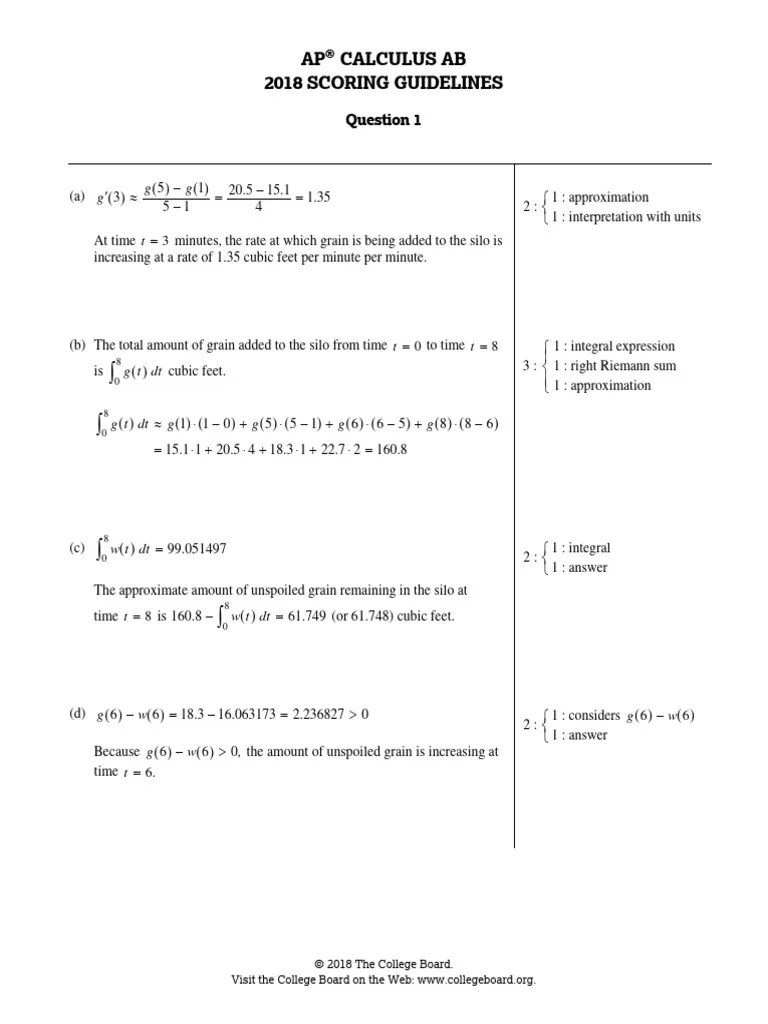AP Calculus Ab 2018 International Practice Exam FRQ Scoring Guidelines ...