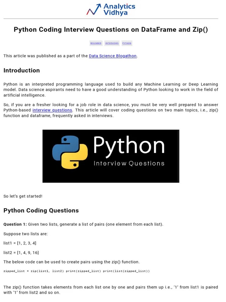 Python Coding Interview Questions On DataFrame And Zip | PDF | Applied ...