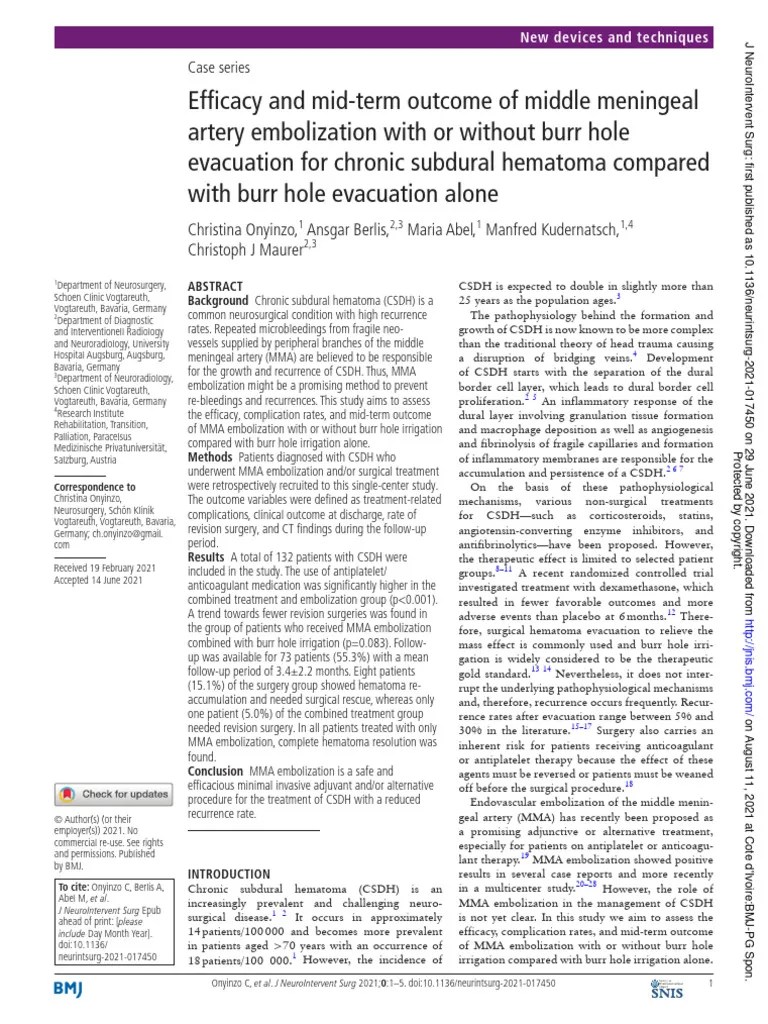 Onyinzo 2021 - Efficacy And Mid-Term Outcome Of EMMA With Or Without Burr-hole Evacuation For ...