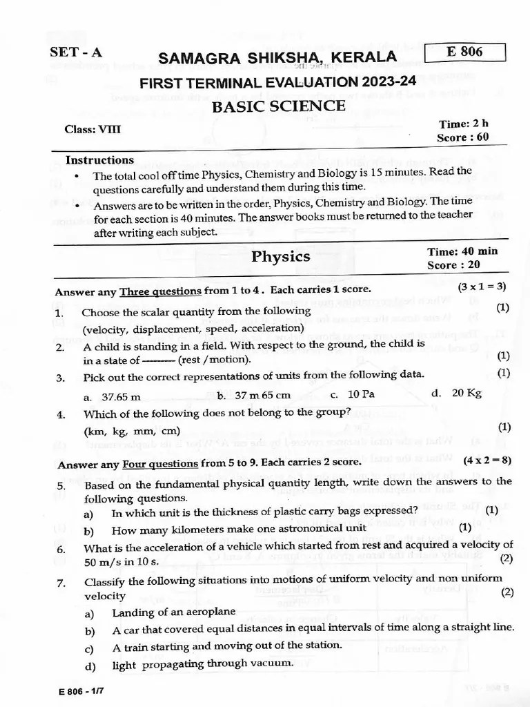 Class 8 First Term Exam 2023 Basic Science Question Paper EM | PDF