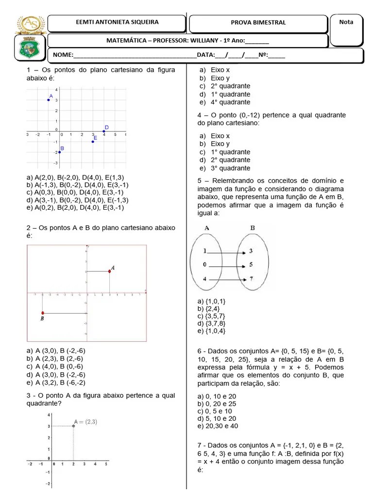 Prova De Matematica 1º Ano Abc | PDF | Função (Matemática) | Funções E ...