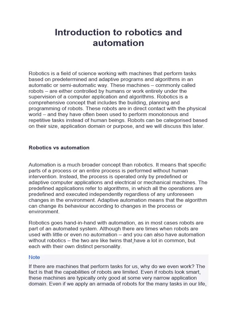 Introduction To Robotics And Automation | PDF | Robot | Robotics