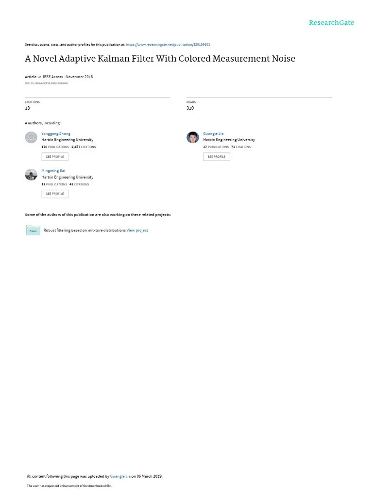 ANovel Adaptive Kalman Filter With Colored Measurement Noise | PDF | Kalman Filter | Statistical ...
