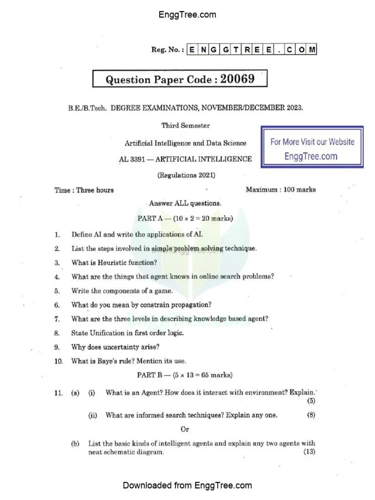 AL3391 Artificial Intelligence Nov Dec 2023 Question Paper Download | PDF
