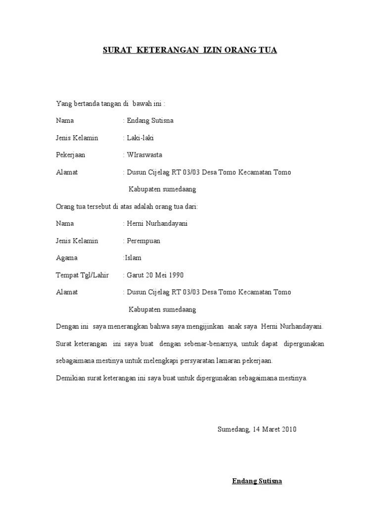 Nah, bagi anda yang saat ini membutuhkan surat tersebut, dan tidak tahu cara membuatnya, kali ini kami akan bagikan contoh surat izin orang tua untuk . Contoh Surat Izin Orang Tua Untuk Bekerja Doc Contoh Seputar Surat