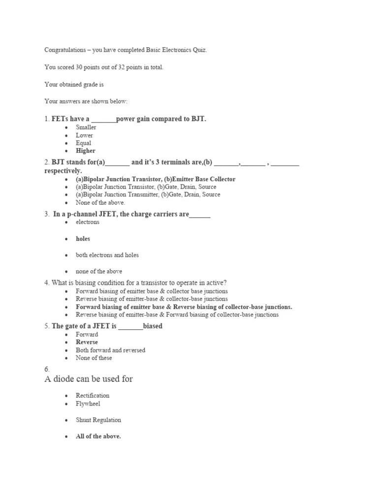 Basic Electronics Quiz | PDF | Field Effect Transistor | Bipolar ...