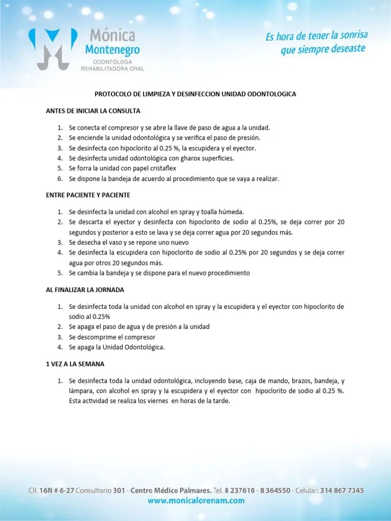 PROTOCOLO DE LIMPIEZA Y DESINFECCION UNIDAD ODONTOLOGICA2 | PDF ...