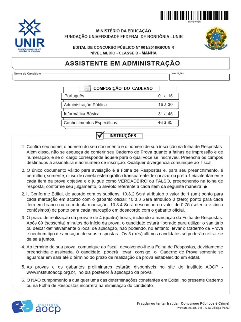 Instituto Aocp 2018 Unir Assistente Em Administracao Prova | PDF ...