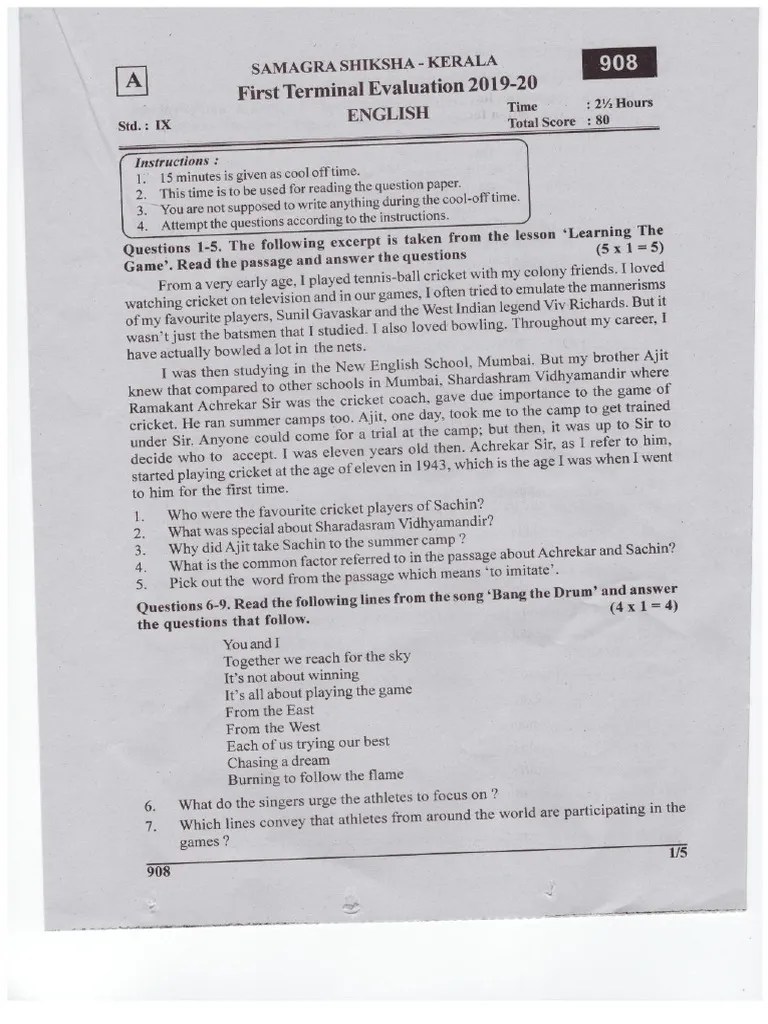 Kerala Class 9 First Term Onam Exam Question Paper 2019- English | PDF