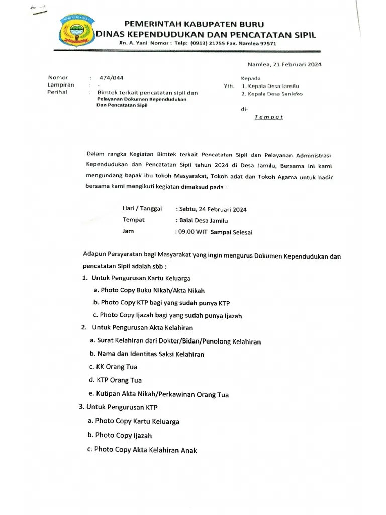 Surat Dari Dukcapil | PDF