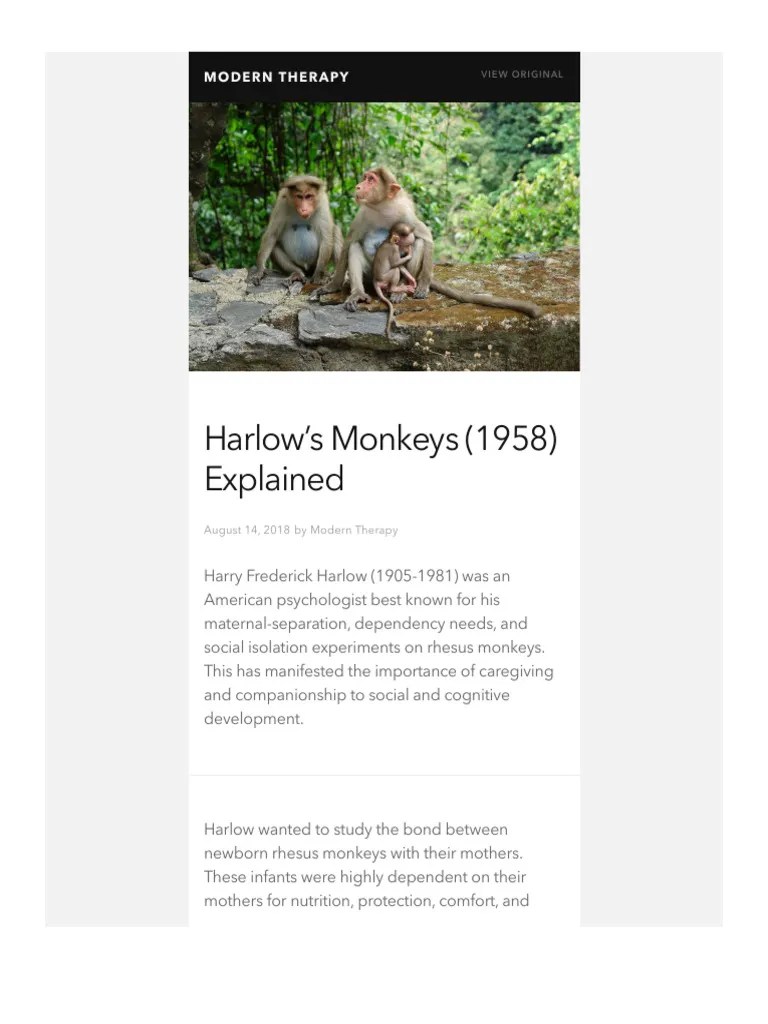 Harlow’s Monkeys (1958) Explained | PDF | Attachment Theory | Psychology